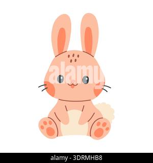 Graziosa illustrazione vettoriale piatta di un coniglio kawaii con colori pastello tenui. Adorabile animale da cartoni animati isolato su sfondo bianco, perfetto per i bambini Illustrazione Vettoriale