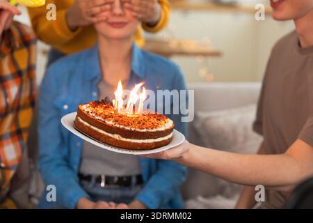 Esprimi un desiderio. Bruciare le candele sulla torta di compleanno pronta per essere soffiata fuori. Buon compleanno. Gli amici augurano buon compleanno alla donna. Foto Stock