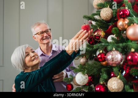 Buon Natale. Felice coppia di anziani decorato l'albero di Natale a casa. Famiglia felice vecchio donna vicino all'albero di Natale con l'ornam Foto Stock