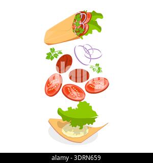Set vettoriale piatto isometrico 3D di shawarmas Foto Stock