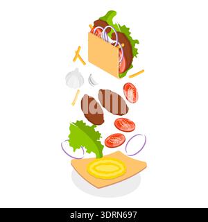 Set vettoriale piatto isometrico 3D di shawarmas Foto Stock