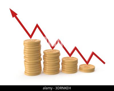 Concetto di recessione finanziaria Stack di monete con valore decrescente, contrassegnato da una linea di tendenza rossa. Foto Stock