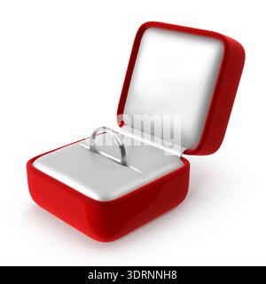 Anello di fidanzamento in argento in scatola aperta di gioielli rossi Foto Stock