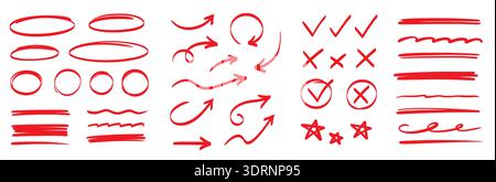 La linea della penna disegnata a mano evidenzia il gruppo rosso. Linea rossa tracciata a mano traccia sottolineata, freccia, segno di spunta enfasi. Profilo ovale rotondo, cornice circolare per tracciare, elementi freccia . Illustrazione vettoriale Illustrazione Vettoriale