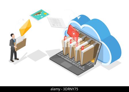 Illustrazione piatta isometrica 3D dell'archivio elettronico, trasferimento delle informazioni allo storage digitale per la conservazione Foto Stock