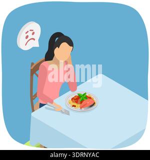 Illustrazione piatta isometrica 3D di mangiare annoiato, la donna lotta con il disordine alimentare e la mancanza di appetito, fissando Plate of Spaghetti Foto Stock