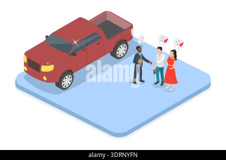 Illustrazione piatta isometrica 3D della dimostrazione di un'auto, Manager che mostra le vetture in coppia. Foto Stock