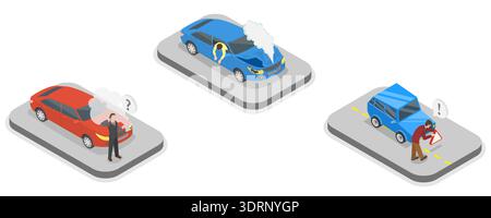 Illustrazione del vettore piatto isometrico 3D di un incidente automobilistico Foto Stock