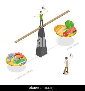 Illustrazione piatta isometrica 3D del controllo dell'assunzione di cibo, illustrazione del diagramma del bilancio energetico attraverso l'assunzione e la spesa di calorie giornaliere Foto Stock