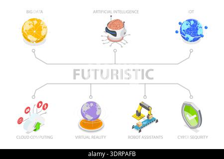 Illustrazione piatta isometrica 3D di Chatbot e Digital Assistant, concetto futuristico Foto Stock