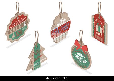 Illustrazione del vettore piatto isometrico 3D della decorazione delle festività invernali Foto Stock
