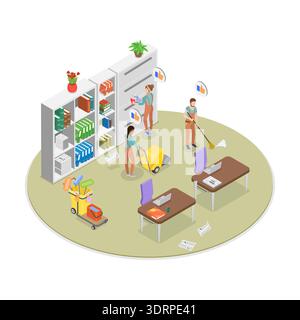 Illustrazione del vettore piatto isometrico 3D di Office Cleaning Service Foto Stock