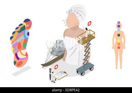 Illustrazione del vettore piatto isometrico 3D dell'agopuntura Foto Stock