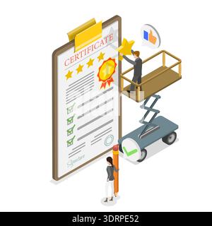 Illustrazione piatta isometrica 3D della qualità garantita, controllo degli standard elevati Foto Stock