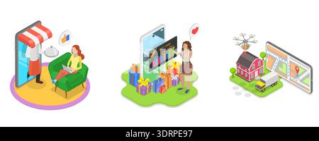Illustrazione del vettore piatto isometrico 3D del voucher regalo digitale Foto Stock