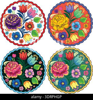 Quattro illustrazioni vettoriali circolari con vivaci composizioni floreali di arte popolare con contorni audaci. Illustrazione Vettoriale