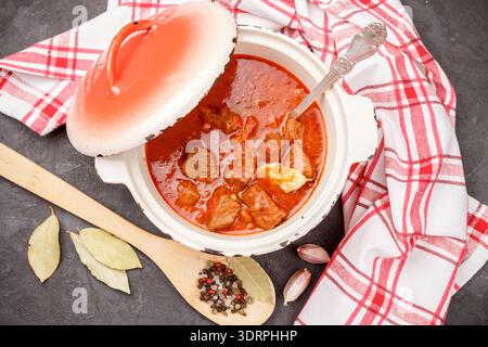 Il gulasch è un tradizionale piatto ungherese di manzo stufato con verdure in una folta salsa di pomodoro con spezie. Messa a fuoco selettiva Foto Stock
