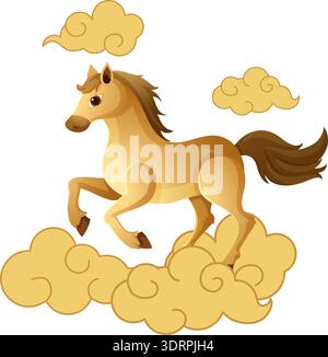 Un cavallo dorato attraversa le tradizionali nuvole stilizzate in uno stile vettoriale pulito Illustrazione Vettoriale