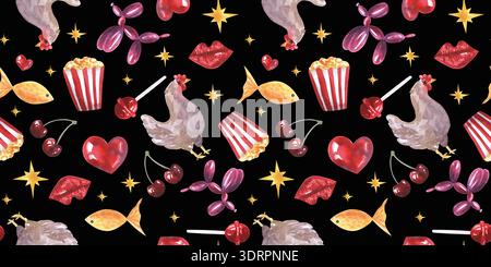 Set Surrealistico con pattern senza interruzioni di oggetti diversi. Palloncino a forma di cane, popcorn, labbra, pesce, pollo, aragosta, ciliegia, lecca, cuore. Per Foto Stock