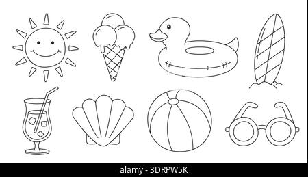 Icone estive della spiaggia e elementi per le vacanze in stile doodle disegnato a mano. Illustrazione Vettoriale