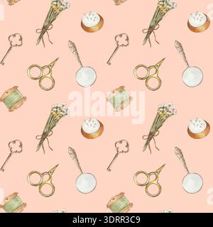 Motivo senza cuciture Cottagecore con forbici, chiave, lente d'ingrandimento, un mazzo di fiori secchi Foto Stock