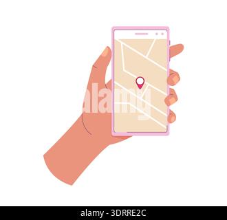 Tenere lo smartphone con una spilla rossa sulla mappa. Informazioni sulla navigazione GPS Illustrazione Vettoriale