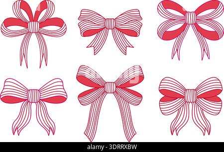 Set di archi a strisce rosse e bianche disegnati a mano. Illustrazioni del nastro Coquette estetiche per decorazioni natalizie e design di cancelleria. Illustrazione Vettoriale