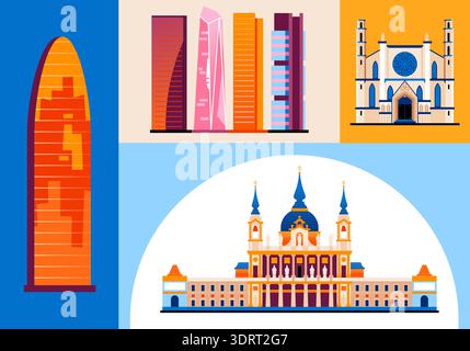 Architettura spagnola - insieme di oggetti in stile design piatto Illustrazione Vettoriale