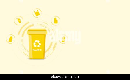 Contenitore di riciclaggio in plastica con icone di bottiglie che favoriscono la separazione sostenibile dei rifiuti e la protezione ambientale. Illustrazione Vettoriale