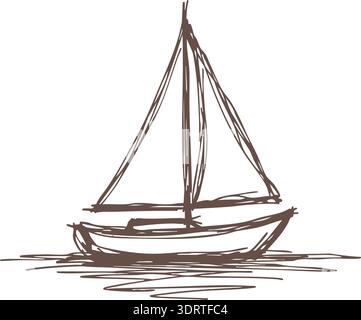 Semplice schizzo di una barca a vela che galleggia sull'acqua con un unico albero e vela Illustrazione Vettoriale