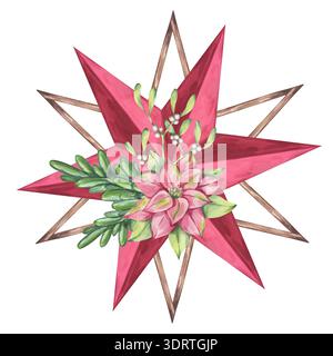 Stelle rosse di legno con rami verdi di abete rosso, vischio, fiore poinsettia. Atmosfera natalizia calda e accogliente. Brillante tessera di Capodanno. Disegnato a mano Foto Stock