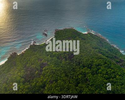 Vista aerea delle lussureggianti foreste verdi che incontrano le acque turchesi, creando un incredibile contrasto tra la bellezza della natura, Anse Reunion, la Digue, Seychelles. Foto Stock