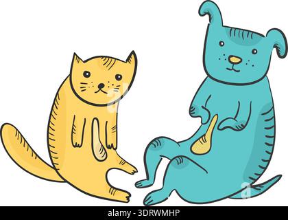 Carino carino cartoni animati con gatto giallo e cane blu Illustrazione Vettoriale
