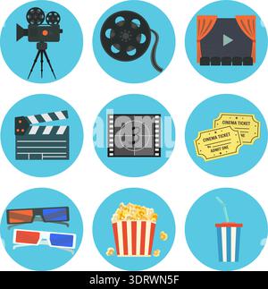 Bel set di elementi cinematografici vettoriali piatti Illustrazione Vettoriale