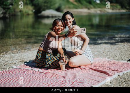 Due amici si fanno un selfie durante un picnic sul fiume in una giornata di sole, sorridendo e gustando un drink Foto Stock