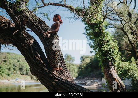La donna si erge su un grande ramo d'albero vicino a un fiume, indossando un maxi abito a fantasia Foto Stock