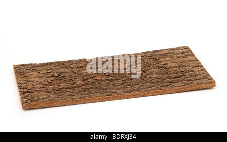 Pezzo rettangolare di corteccia d'albero naturale con consistenza ruvida, isolato su sfondo bianco. Foto Stock