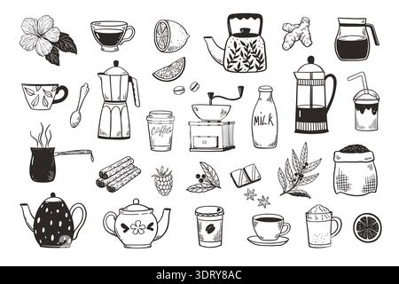 Set di caffettiere e tè, tazze, macinacaffè e percolatore. Elementi di design isolati per menu e confezioni. Illustrazione vettoriale in bianco e nero Illustrazione Vettoriale