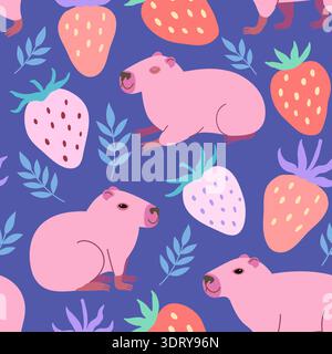 Motivo senza cuciture con grazioso capybara rosa e fragole. Illustrazione vettoriale disegnata a mano. Illustrazione Vettoriale