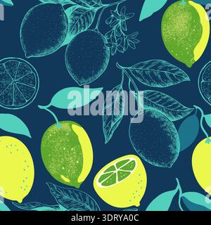 Motivo senza cuciture con frutti e rami di limone. Illustrazione vettoriale in stile contemporaneo e audace disegnato a mano. Illustrazione Vettoriale