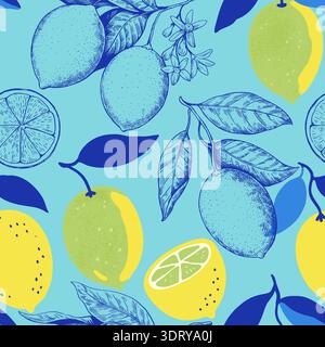 Motivo senza cuciture con frutti e rami di limone. Illustrazione vettoriale in stile contemporaneo e audace disegnato a mano. Illustrazione Vettoriale