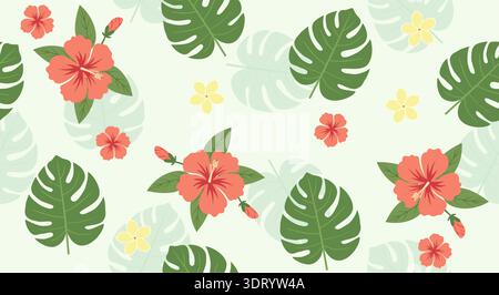 Un motivo floreale vivace ed elegante con fiori di ibisco rosa, plumeria frangipani gialla e foglie di monstera verde. Illustrazione Vettoriale