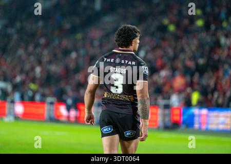 Hull, Inghilterra, 20 febbraio 2026 — Kotoni Staggs durante il Betfred World Club Challenge match tra Hull KR e Brisbane Broncos all'MKM Stadium. Crediti: Paddy Douglas/Alamy Live News Foto Stock