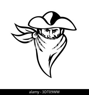 Immagine in stile mascotte con logo retrò di un soldato patriota rivoluzionario americano, soldato che indossa una bandana maschera vista dal davanti su isolato Illustrazione Vettoriale