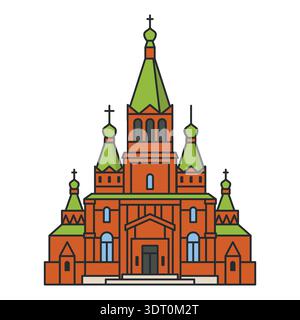 Cattedrale ortodossa con cupole e croci verdi. Storica chiesa in mattoni rossi in stile cartoni animati piatto con un contorno audace. Illustrazione vettoriale. Illustrazione Vettoriale