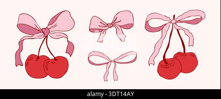 Ciliegia di Coquette con fiocco. Graziose ciliegie con il nastro. Elegante ragazza y2k per poster, biglietti, logo, stampa. Estetico, alla moda, artigianato rosa di bacche con fiocchi,. Illustrazione vettoriale Illustrazione Vettoriale