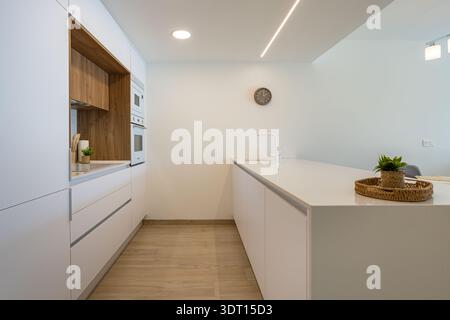 Cucina appartamento contemporanea con eleganti mobili bianchi, elettrodomestici integrati e isola moderna dal design pulito. Foto Stock