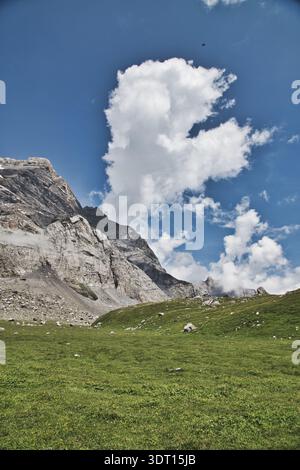 Vista panoramica di Derborence, Svizzera, con montagne maestose e una vegetazione vivace. Foto Stock
