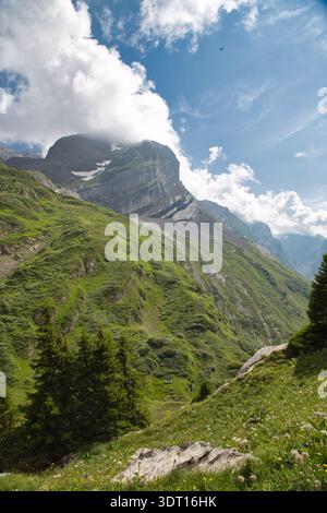 Splendido paesaggio caratterizzato da lussureggianti montagne verdi sotto un cielo blu brillante. Foto Stock
