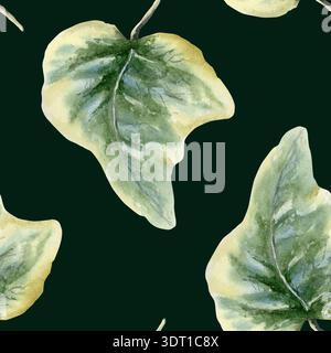 Foglie di edera singole in un motivo senza cuciture, che evocano foreste incantate, legni celtici, natura pura e incontaminata. Verdi acquerelli morbidi con venature delicate per l'ambiente Foto Stock